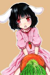  :o absurdres animal_ears bad_id bad_pixiv_id black_hair blush brown_background carrot carrot_necklace dress female highres inaba_tewi jewelry looking_away necklace nemuta_muu open_mouth oversized_object pendant pink_dress puffy_sleeves rabbit_ears red_eyes short_hair short_sleeves simple_background solo straddling touhou v_arms 