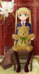  artist_request blonde_hair blue_eyes female gunslinger_girl long_hair pixiv_thumbnail resized sitting smile solo stuffed_animal stuffed_toy teddy_bear triela twintails 