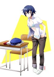  bad_id bad_pixiv_id black_eyes blue_bra blue_hair blush bra cabbie_hat desk female full_body hat lingerie looking_at_viewer machinosuke open_clothes open_shirt panties pants persona persona_4 shirogane_naoto shirt short_hair solo underwear undressing unworn_hat unworn_headwear 