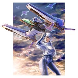  bird blue_eyes bodysuit breasts cenes_crawford cloud cloudy_sky commentary_request cropped_jacket female highres key-chang lips medium_breasts rvr-01_gauntlet short_hair skin_tight sky spacecraft starfighter thunder_force thunder_force_v white_hair 