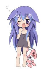  ;o acchi_kocchi aged_down blue_hair blush commentary_request female guchurimu_genrishugi highres lolicon long_hair miniwa_tsumiki oerba_yun_fang one_eye_closed open_mouth purple_eyes solo stuffed_animal stuffed_rabbit stuffed_toy white_background yawning 