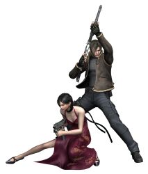  1boy 3d ada_wong capcom female gun highres jacket leon_s_kennedy official_art red_dress resident_evil resident_evil_4 shotgun submachine_gun weapon weapons 