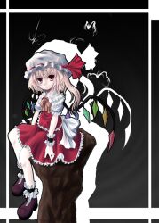  blonde_hair brown_footwear collared_shirt commentary_request crystal dark_background female flandre_scarlet frilled_shirt_collar frilled_skirt frilled_socks frilled_vest frills full_body hat hat_ribbon kurona looking_at_viewer mob_cap photoshop_(medium) puffy_short_sleeves puffy_sleeves rainbow_order red_ribbon red_skirt red_vest ribbon shirt short_sleeves sitting skirt skirt_set socks solo touhou vest white_hat white_shirt white_socks wings 