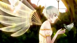  bare_shoulders bird bird_on_hand blurry cassini choker clover_(manga) commentary_request depth_of_field female from_side mechanical_wings photoshop_(medium) profile short_hair silver_hair suu_(clover) tree window wings 