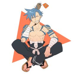  1boy bad_id bad_pixiv_id bandages blue_hair boota_(ttgl) closed_eyes crossed_legs flag grin head_rest kamina_(ttgl) male_focus midriff_sarashi mwgi numbered_flag sandals sarashi sitting smile tattoo tengen_toppa_gurren_lagann topless_male 