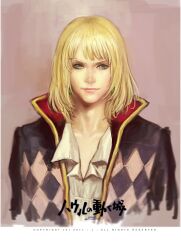  1boy argyle blonde_hair blue_eyes blunt_bangs closed_mouth commentary_request copyright_name earrings howl_(howl_no_ugoku_shiro) howl_no_ugoku_shiro j_(onose1213) jacket jewelry lips looking_at_viewer male_focus medium_hair realistic shirt smile solo upper_body white_shirt 