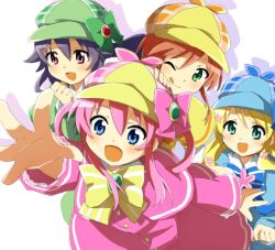  4girls blonde_hair blue_eyes bow cordelia_glauca flower hair_ornament hat hercule_barton long_hair multiple_girls open_mouth orange_hair pink_hair purple_hair reaching red_eyes sherlock_shellingford short_hair smile tantei_opera_milky_holmes tongue tongue_out twintails wink yuzurizaki_nero 