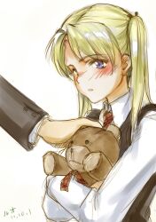  blonde_hair blue_eyes blush female gunslinger_girl hikarumiao long_hair pixiv_thumbnail resized simple_background stuffed_animal stuffed_toy teddy_bear triela twintails 