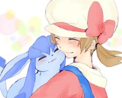  affectionate blush brown_hair closed_eyes duplicate female glaceon hat hug lossy-lossless lyra_(pokemon) nintendo pegumin pixel-perfect_duplicate pokemon pokemon_(creature) pokemon_hgss smile twintails 