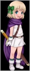  :d belt blonde_hair blue_eyes bob_cut boots border bow cape commentary_request dragon_quest dragon_quest_v e10 female gloves hairbow hero&#039;s_daughter_(dq5) lolicon looking_at_viewer open_mouth photoshop_(medium) short_hair smile solo standing sword tabitha_(dq5) tunic weapon white_border 