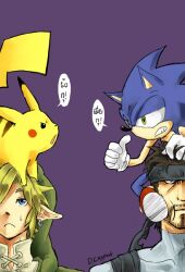  3boys konami link male male_focus metal_gear metal_gear_(series) multiple_boys nintendo pikachu pokemon sega snake solid_snake sonic sonic_the_hedgehog super_smash_bros. the_legend_of_zelda translated 