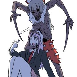  2girls animal_ears b-ginga claws commentary_request dead_space extra_arms fujiwara_no_mokou long_hair monster multiple_girls necktie necromorph no_eyes oerba_yun_fang open_mouth pants parody rabbit_ears red_necktie reisen_udongein_inaba skirt slasher_(dead_space) tears teeth touhou undead white_hair you_gonna_get_raped zombie zombification 