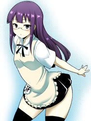  apron badge bespectacled black_thighhighs blue_eyes commentary_request female glasses halftone halftone_background leaning_forward long_hair outstretched_arms parted_lips photoshop_(medium) purple_hair skirt solo thighhighs tsurime waitress wakame working!! yamada_aoi zettai_ryouiki 