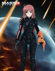  an-bl armor blue_eyes bodysuit commander_shepard commander_shepard_(female) commander_shepard_(female)_(cosplay) commentary_request copyright_name cosplay crossover energy_blade female gun hair_ornament hairclip handgun katou_marika long_hair mass_effect_(series) mass_effect_3 miniskirt_pirates n7_armor omnitool pink_hair solo sword weapon 