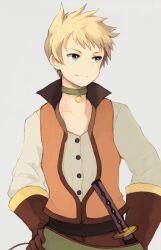  1boy bad_id bad_pixiv_id blonde_hair blue_eyes choker coroof gloves green_choker grey_background guy_cecil male_focus smile solo tales_of_(series) tales_of_the_abyss vest 