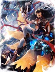  :d animal black_hair blue_eyes boots breasts cleavage commentary_request cross-laced_footwear feathers female goggles goggles_on_head long_hair matsumoto_mitsuaki medium_breasts navel open_mouth original sitting smile solo thighhighs weapon white_thighhighs 