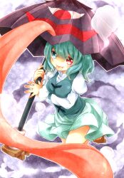  bad_id bad_pixiv_id blue_eyes blue_hair blush commentary_request female geta heterochromia highres karakasa_obake narina purple_umbrella red_eyes short_hair skirt smile solo tatara_kogasa tongue touhou umbrella 