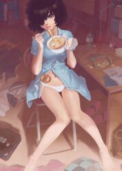  black_hair blouse blue_shirt bowl breasts chips_(food) chopsticks chromatic_aberration collared_shirt commentary_request cup_ramen dress_shirt eating female food hair_over_one_eye holding holding_bowl ilya_kuvshinov indoors kamaboko knees_together_feet_apart long_legs medium_breasts messy_room midriff narutomaki navel nazo_no_kanojo_x no_pants noodles object_in_clothes object_in_panties on_chair panties partially_unbuttoned photoshop_(medium) potato_chips ramen scissors shirt short_hair short_sleeves sitting solo stomach underwear unworn_clothes urabe_mikoto white_panties 