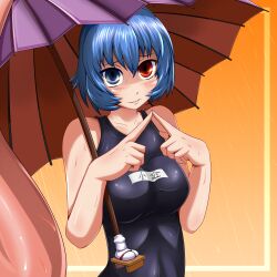  blue_eyes blue_hair breasts commentary_request female heterochromia highres karakasa_obake medium_breasts one-piece_swimsuit purple_umbrella red_eyes safurantora school_swimsuit short_hair solo swimsuit tatara_kogasa tongue touhou umbrella 