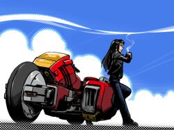  androgynous black_hair chocolate cloud coffee commentary_request cyberpunk denim female garland_(megazone_23) glasses jacket jeans leather leather_jacket long_hair megazone_23 motor_vehicle motorcycle pants photoshop_(medium) retro_artstyle robot science_fiction seena smoke solo 