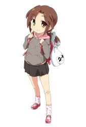  aged_down bag bandaid bandaid_on_knee bandaid_on_leg black_skirt brown_eyes brown_hair commentary_request female full_body highres holding holding_bag hood hoodie idolmaster idolmaster_cinderella_girls kawashima_mizuki lolicon long_hair looking_at_viewer pink_footwear pleated_skirt polka_dot ponytail school_bag shoes skirt smile socks solo takeya_yuuki white_background 