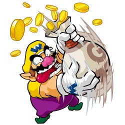  absurdres bag coin coins facial_hair fat fat_man gloves hat highres mario_(series) moustache nintendo official_art overalls super_mario_bros. teeth tongue wario wario_land 