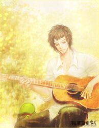  1boy acoustic_guitar black_hair casual commentary_request copyright_name final_fantasy final_fantasy_type-0 grey_hair guitar instrument j_(onose1213) kurasame_susaya logo sitting tonberry wavy_hair 