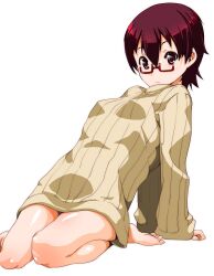  arm_support barefoot body_blush bottomless brown_eyes brown_hair commentary_request female glasses k-on! leaning_back looking_at_viewer manabe_nodoka naked_sweater red-framed_eyewear ribbed_sweater shinama short_hair simple_background sitting solo sweater turtleneck wariza white_background 