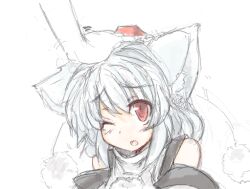  animal_ears bad_id bad_pixiv_id blush commentary_request detached_sleeves female headpat inubashiri_momiji one_eye_closed out_of_frame red_eyes simple_background solo_focus touhou white_background wolf_ears yu-ves 