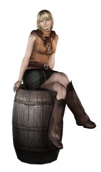  3d absurdres ashley_graham barrel capcom female highres legs_crossed official_art resident_evil resident_evil_4 scarf sitting skirt smile solo sweater_vest 