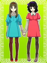  1boy bad_id bad_pixiv_id black_eyes black_hair brown_eyes brown_hair couple crossdressing female holding_hands hourou_musuko kichi long_hair nitori_shuuichi otoko_no_ko pantyhose photoshop_(medium) straight suehiro_anna 