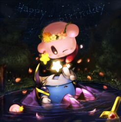  afloat armor bad_id bad_pixiv_id birthday candy caramel_(artist) copy_ability falling_petals floating flower food forest galaxia_(sword) gloves happy_birthday kirby kirby_(series) lollipop looking_at_another mask meta_knight nature night no_humans one_eye_closed partially_immersed partially_submerged pauldrons petals pond reflection shooting_star shoulder_armor sky star_(sky) star_(symbol) star_rod sword tree water weapon wreath 