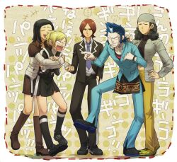  2boys 3girls amano_maya angry arguing bad_id bad_pixiv_id bandana black_hair blonde_hair blue_hair boots brown_hair choker curly_hair hand_on_own_hip kasugayama_high_school_uniform kneehighs lighter lisa_silverman long_hair looking_at_viewer mayuzumi_yukino mishina_eikichi multiple_boys multiple_girls necktie open_mouth pale_skin parted_bangs persona persona_2 persona_2_tsumi school_uniform seven_sisters_high_school_uniform shirt short_hair skirt smile socks spiked_hair suou_tatsuya sweatdrop tenchi11 tied_hair wall_of_text white_shirt 