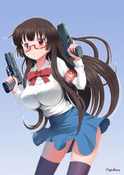  armband ass_visible_through_thighs blush bow breasts brown_hair commentary_request copyright_request dual_wielding female glasses gradient_background gun handgun holding holding_gun holding_weapon large_breasts leaning_forward long_hair long_sleeves number10_(hagakure) photoshop_(medium) pleated_skirt purple_thighhighs red-framed_eyewear red_eyes school_uniform semi-rimless_eyewear shirt sig_p228/p229 sig_sauer simple_background skirt solo sweatdrop taut_clothes taut_shirt thighhighs trigger_discipline under-rim_eyewear very_long_hair weapon 