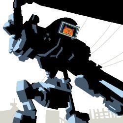  1990s_(style) arm_cannon bad_id cain_(robocop) city cyborg feline gun head lowres machine_gun mecha no_humans oekaki power_lines ramuaaru retro_artstyle robocop robocop_2 robot science_fiction screen weapon 