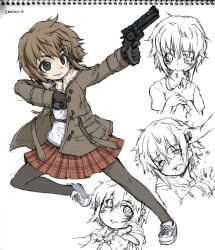  brown_hair coat commentary_request female green_eyes gun harukaze_unipo nagai_gojitsudan_no_nechronica pantyhose short_hair undead weapon 