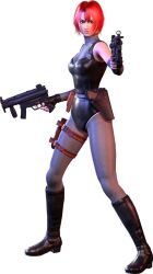  3d bag bare_shoulders bodysuit boots breasts capcom detached_sleeves dino_crisis dual_wielding elbow_gloves female fingerless_gloves gloves gun h&amp;k_mp5 heckler_&amp;_koch highres holster leotard lowres official_art red_eyes red_hair regina satchel semiautomatic short_hair simple_background skin_tight solo spandex submachine_gun thigh_strap weapon weapon1girl weapon3d 