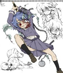  blue_hair commentary_request female flail harukaze_unipo injury missing_eye nagai_gojitsudan_no_nechronica one-eyed plant red_eyes school_uniform short_hair undead vines weapon 