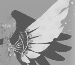  1boy clover_(manga) commentary greyscale lan_(clover) male_focus mechanical_wings monochrome photoshop_(medium) ponytail shadow solo tiny_drop wings 