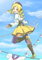  beret blonde_hair boots clothesline commentary_request detached_sleeves drill_hair female hair_ornament hat magical_girl mahou_shoujo_madoka_magica mahou_shoujo_madoka_magica_(anime) skirt smile solo striped taruya thighhighs tomoe_mami tomoe_mami_(magical_girl) twin_drills twintails vertical_stripes yellow_eyes 