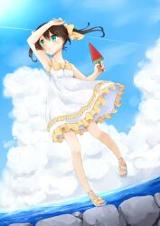  arm_up blush bow brown_hair cloud commentary_request dress female food green_eyes hazuki_natsu ocean original popsicle sandals sky solo sundress twintails yellow_bow 