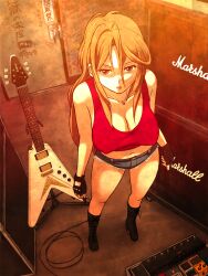  boots breasts brown_eyes brown_hair cleavage commentary_request crop_top cutoffs denim denim_shorts electric_guitar female fingerless_gloves from_above gibson_flying_v gloves guitar highres instrument jewelry k-on! large_breasts long_hair looking_at_viewer looking_up marshall_amplification midriff navel necklace no_eyewear parted_lips plectrum richard_crazyman shirt short_shorts shorts solo speaker tank_top taut_clothes taut_shirt yamanaka_sawako 