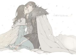  1boy a_song_of_ice_and_fire animification bad_id bad_pixiv_id brown_hair cape copyright_name dress female kissing long_hair muted_color petyr_baelish photoshop_(medium) sansa_stark snow snowing straight wavesheep 