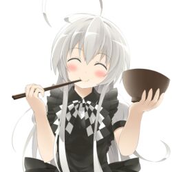  bowl chopsticks chopsticks_in_mouth closed_eyes commentary_request dress female goribote haiyore!_nyaruko-san long_hair nyarlathotep_(nyaruko-san) solo 