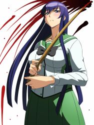  blood blue_eyes blue_hair breasts busujima_saeko highres highschool_of_the_dead large_breasts long_hair school_uniform skirt 