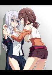  2girls against_wall bad_id bad_pixiv_id belt blush breasts brown_eyes brown_hair cardfight!!_vanguard choker cleavage grabbing_another&#039;s_chin hand_on_another&#039;s_chin highres letterboxed lips long_hair multiple_girls open_clothes open_mouth open_shirt ponytail shirt short_shorts shorts silver_hair small_breasts tokura_misaki usui_yuri yuri yuu_(derodero) 