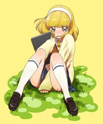  between_legs blonde_hair blush cardigan commentary_request covering_crotch covering_privates eyelashes female grass hairband loafers nanairogaoka_middle_school_uniform open_mouth painttool_sai_(medium) pama precure school_uniform shoes short_hair sitting sketchbook skirt smile_precure solo wavy_mouth white_hairband yayoi_kise yellow_eyes 