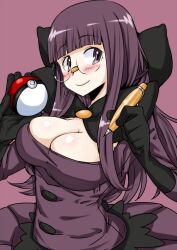  alternate_hairstyle blunt_bangs blush breasts cleavage commentary_request female glasses gloves highres holding holding_poke_ball komusou_(jinrikisha) large_breasts long_hair low-cut pen poke_ball poke_ball_(basic) pokemon pokemon_bw purple_hair purple_skirt shauntal_(pokemon) simple_background skirt smile solo 