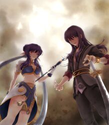  1boy blue_hair bracelet breasts female gloves highres jewelry judith kururi_(oekaki_nikki) long_hair pants pointy_ears polearm purple_eyes purple_hair red_eyes skirt spear sword tales_of_(series) tales_of_vesperia vest weapon yuri_lowell 