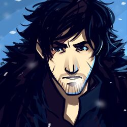  1boy a_song_of_ice_and_fire animification black_hair commentary_request exmakina facial_hair grey_eyes jon_snow lowres male_focus scar solo stubble 